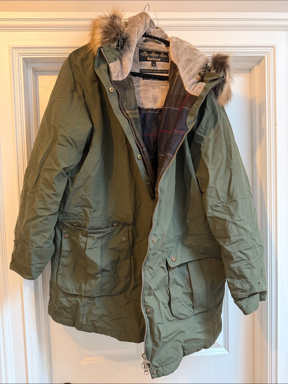 Barbour Olive Green Parka with Quilted Lining and Detachable Faux Fur Hood